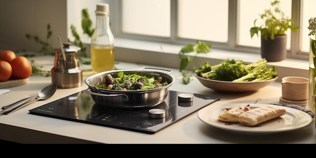Moderne tafel en elektrisch fornuis met keukengerei en groenten in de keuken naast Genative AI