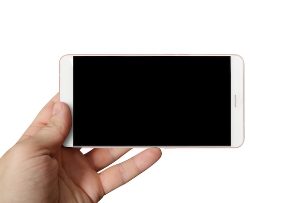 Moderne telefoons Grote witte mobiele telefoon in een geïsoleerde hand