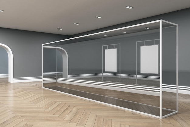 Foto moderne tentoonstellingszaal interieur met houten vloerboog ingang en lege glazen vitrine met mock-up plaats kunst en galerie concept 3d rendering