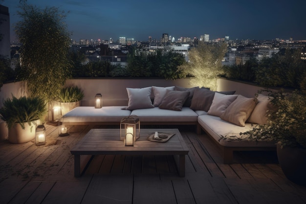 Moderne terras met minimalistisch meubilair en uitzicht op de stad