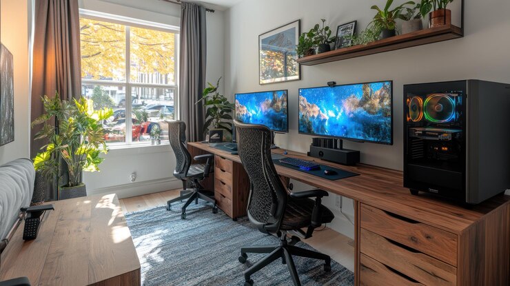 Foto moderne thuiskantoor met dubbele monitoropstelling houten bureau ergonomische stoelen en planten