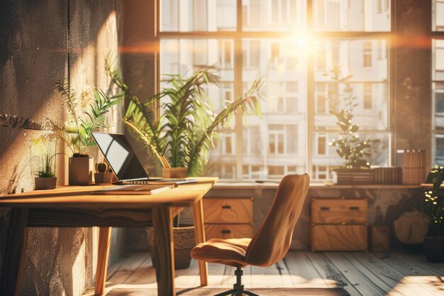 Moderne thuiswerkruimte met houten tafel, laptop, stoel en zonlicht