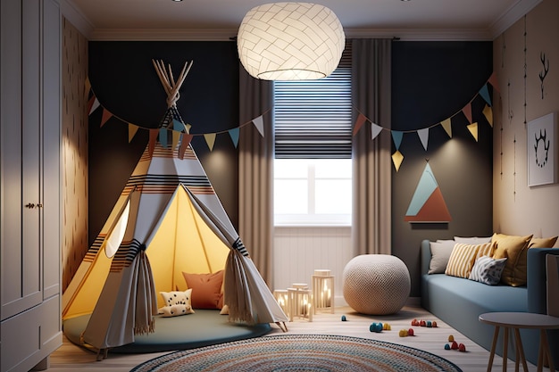 Moderne tipi met intrekbare jaloezieën, plafondlampen en hangende lantaarns in de kinderkamer