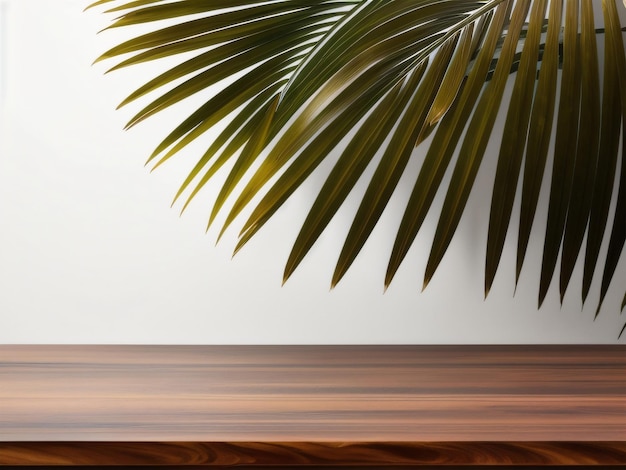 Moderne toonbanktafel met tropische plant en zonlicht Luxe organische cosmetische display