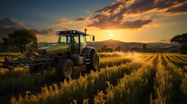 Moderne tractor die bij zonsondergang op het land werkt Het is oogstseizoen op het groene veld