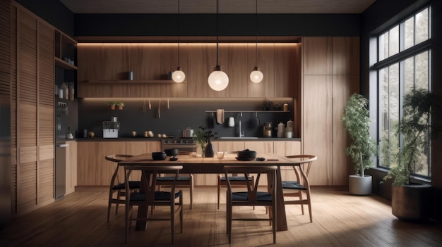 Moderne trendy volledig houten keuken en eetkamer Japanse stijl natuurlijke houten vloer houten gevels dinin