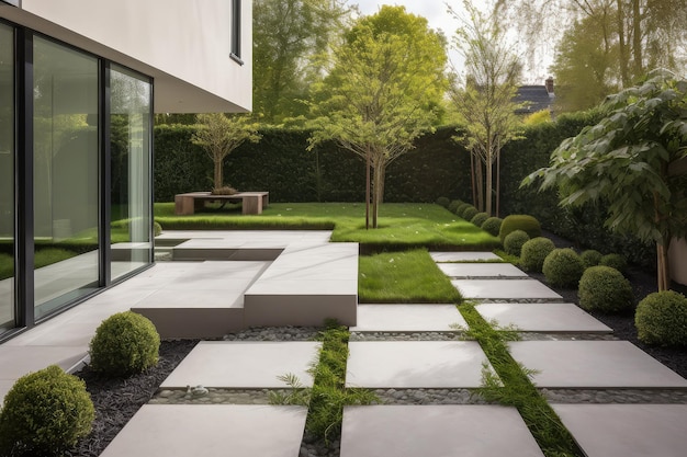 Moderne tuin met strakke stapstenen en minimalistische beplanting
