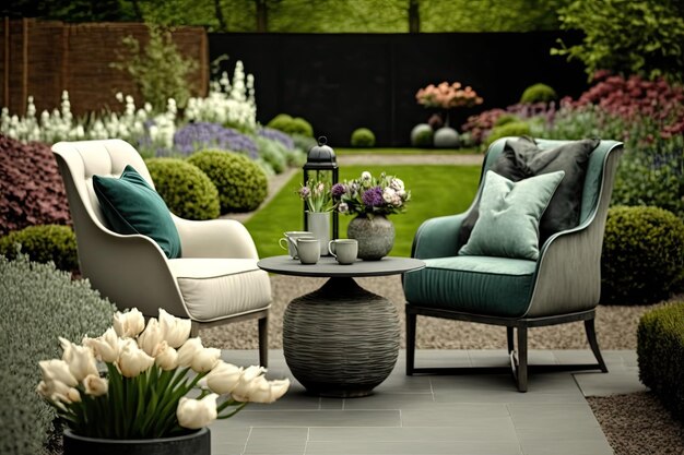 Moderne tuinontwerper patio met comfortabele fauteuils en tafel gemaakt met generatieve ai