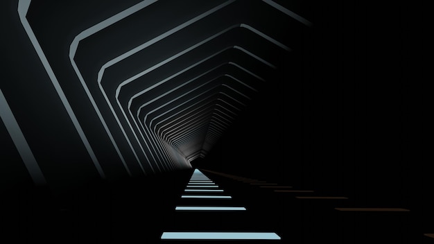 Moderne tunnel en zijn blauw verlichte gidsvloerlamp (3D-rendering)