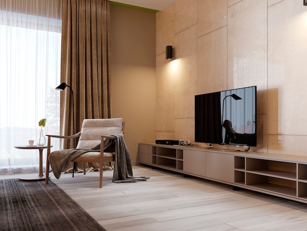 Moderne tv-standaard met planken en een tv aan de muur van glanzende panenley beige kleur. Slaapkamer met fauteuil en tv-meubel. 3D-rendering