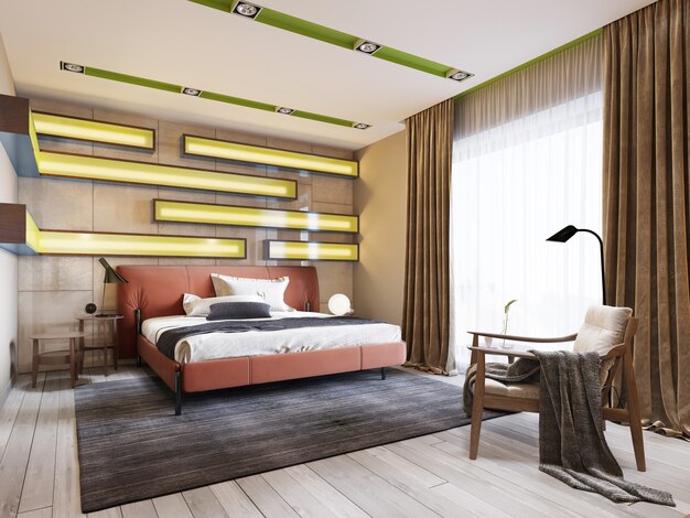 Moderne veelkleurige slaapkamer met planken aan de muur met groene verlichting onder het matglas, lederen bed in rood met nachtkastjes. 3D-rendering