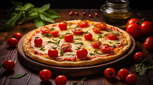 Moderne vegetarische Italiaanse pizza met gesmolten kaas en rode tomaten