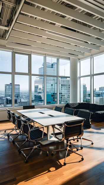 Moderne vergaderzaal met natuurlijk licht witte tafel zwarte stoelen stedelijk uitzicht gezellige hoek Verti