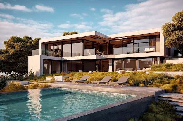Moderne villa in blootgesteld cement met tuin en zwembad