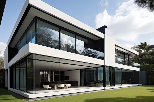 Moderne villa met minimalistisch exterieur en strak interieur gecreëerd met generatieve AI