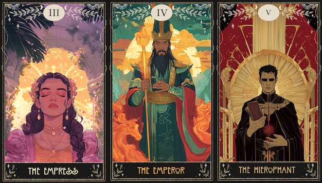 Moderne vintage stijl tarot kaarten magische voorspellingen van de toekomst mysterieuze personages