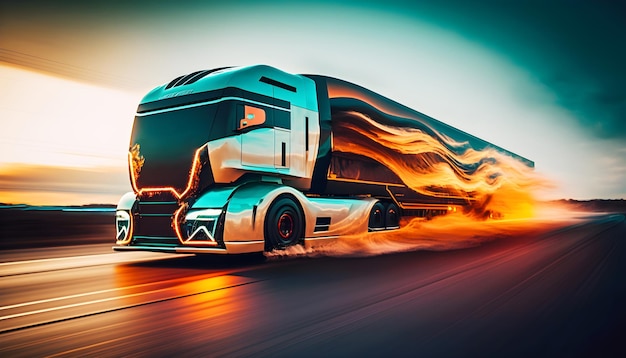 Foto moderne vrachtwagen rijdt op de snelweg bij zonsondergang met vlammen illustratie ai generatief