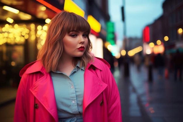 Moderne vrouw met een maatje meer die modern rockt tegen de levendige neonstraten