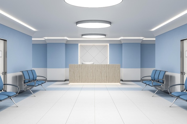 Moderne wachtkamer in blauw ziekenhuis interieur