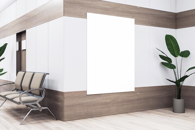 Moderne wachtkamer met lege poster voor mock-up displays Minimalistisch ontwerpconcept 3D-rendering