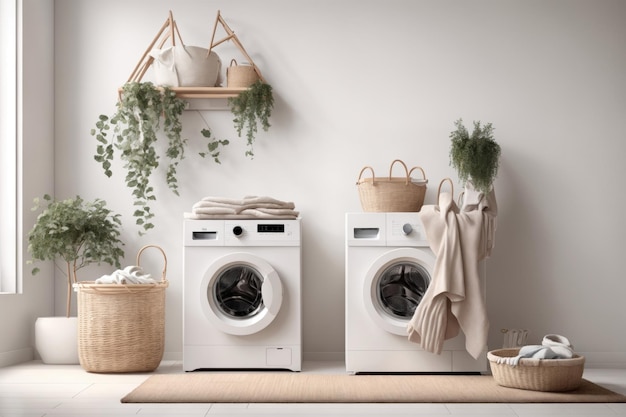 Moderne wasmachine en planten in wasruimte interieur