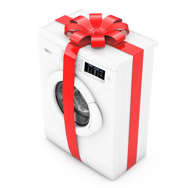 Moderne wasmachine met rood lint en boog als geschenk op een witte achtergrond. 3D-rendering.