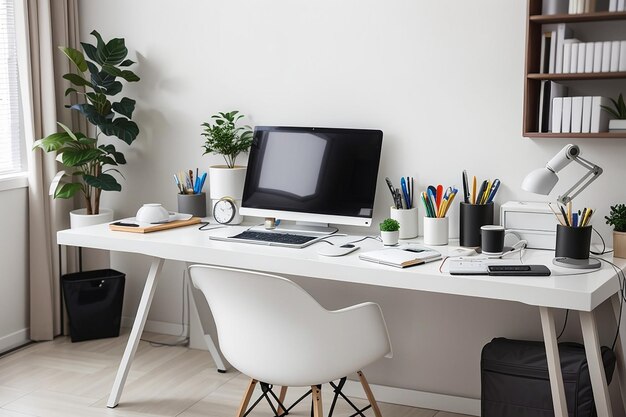 Moderne werkplek met computer en kantoorbenodigdheden op een witte tafel