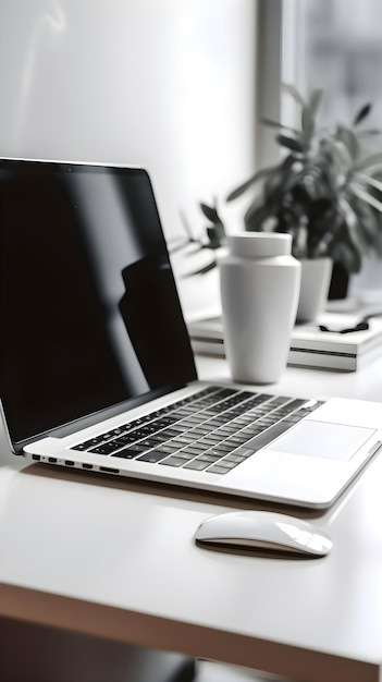 Foto moderne werkplek met laptop en koffiekop op houten tafel close-up