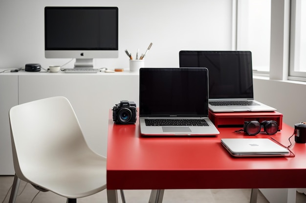 Moderne werkplek met twee laptops op rode tafel tegen witte muur