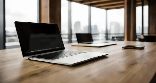 Foto moderne werkruimte met elegante laptops en uitzicht op het stadsbeeld