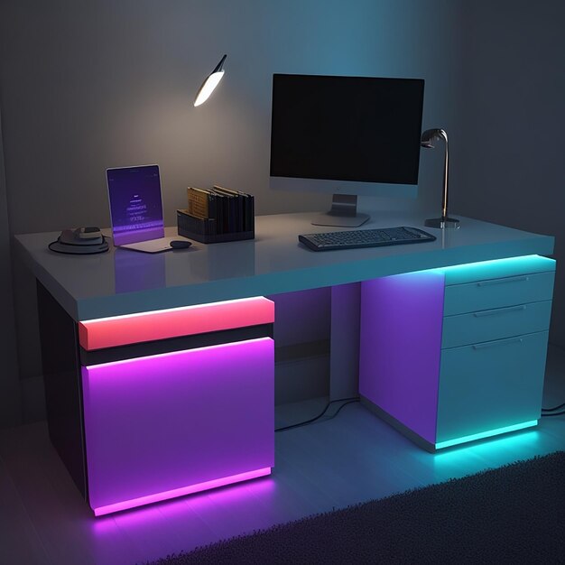 Moderne werktafel met gekleurd ledlicht gegenereerd door AI