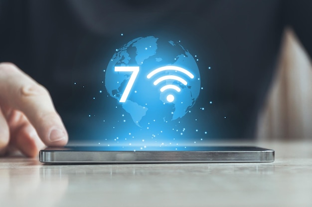 Moderne wifi-technologie versie 7 highspeed draadloos internet persoon klikt op smartphone