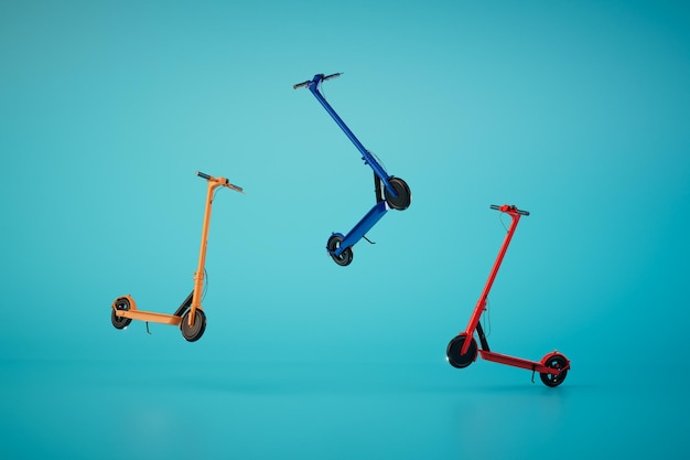 Moderne wijze van vervoer elektrische scooters van verschillende kleuren op een turquoise achtergrond 3D renderen