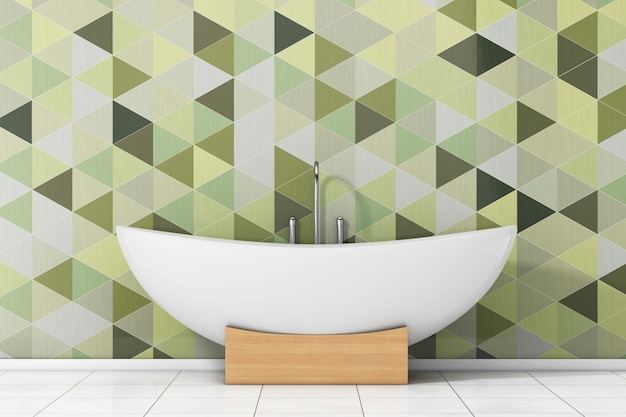 Moderne witte badbuis voor olijfgroene geometrische tegels in de extreme close-up van de badkamer. 3D-rendering