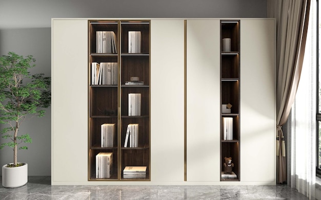 Moderne witte boekenplank met houten accenten