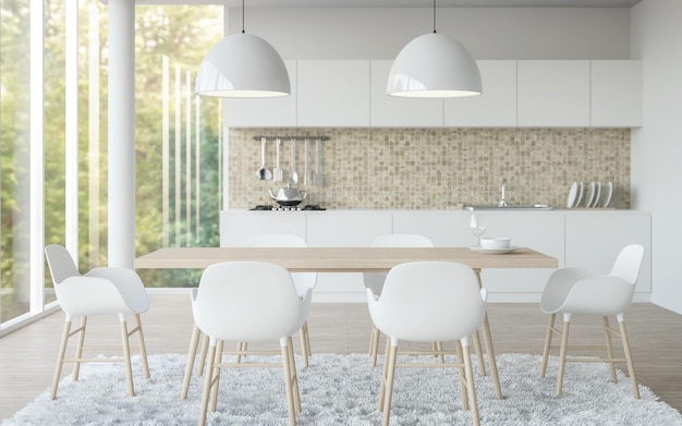 Moderne witte eetkamer en keuken met uitzicht op de natuur 3D render