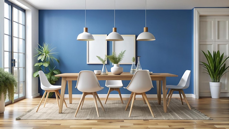 Foto moderne witte houten stoelen in de eetkamer interieurontwerp met natuurlijk decor blauwe muur tafelstoelen