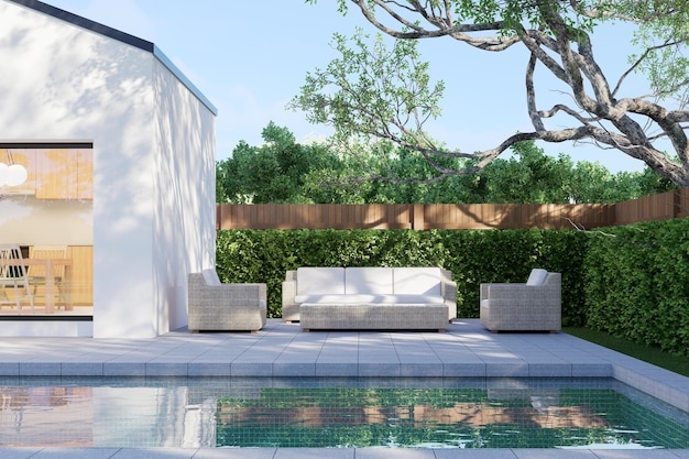 Moderne witte huis met betonnen tegels zwembad terras 3d render