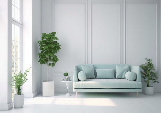 moderne witte kamer met groene plant en donkerblauwe sofa minimalistische achtergrond