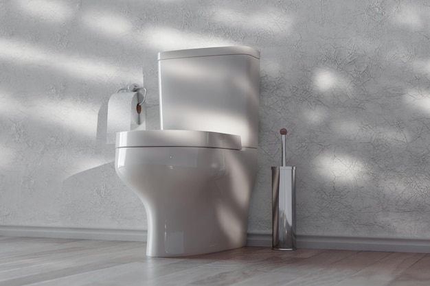 Foto moderne witte keramische toiletbak met toiletpapier op chroomhouder en toiletborstel in een kamer met witte muur en zonneschaduw 3d-rendering