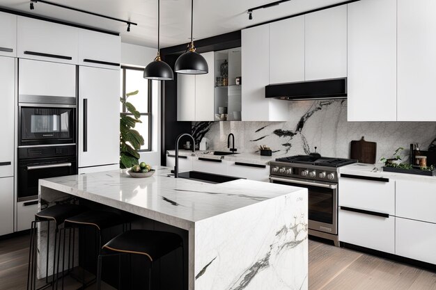 Moderne witte keuken met strakke zwarte inbouwapparatuur en marmeren aanrechtblad gemaakt met generatieve ai