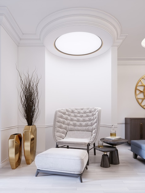 Moderne witte modieuze fauteuil met voetensteun, lage tafel met decor en een gouden vaas met droge twijgen. Wit modern interieur met plafondverlichting. 3D-rendering.