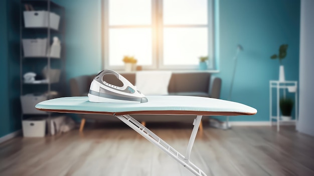 Moderne witte strijkplank op een houten tafel in de woonkamer