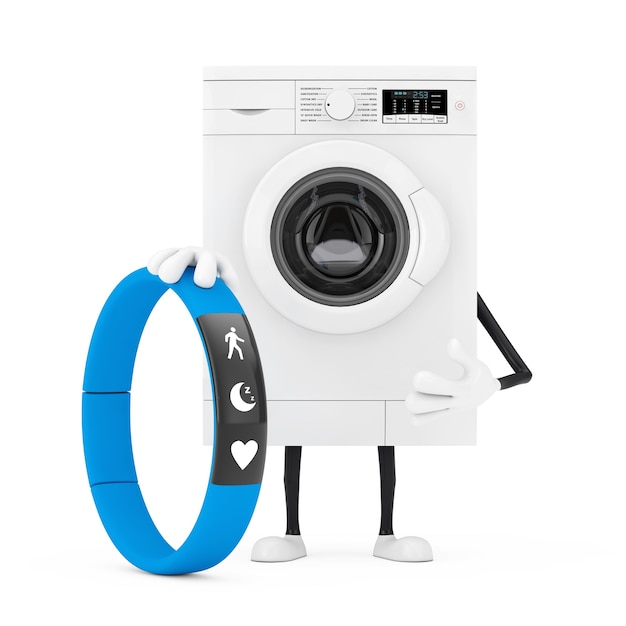 Moderne witte wasmachine karakter mascotte met blauwe Fitness Tracker op een witte achtergrond. 3D-rendering