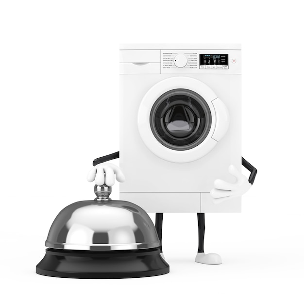 Moderne witte wasmachine karakter mascotte met Hotel Service Bell oproep op een witte achtergrond. 3D-rendering