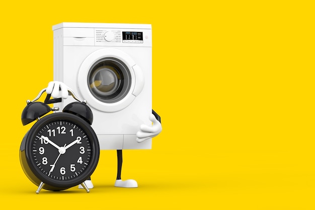 Foto moderne witte wasmachine karakter mascotte met wekker op een gele achtergrond. 3d-rendering
