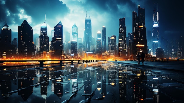 Moderne wolkenkrabbers verlichten de nachtelijke stad die op een donkere achtergrond verdwijnt