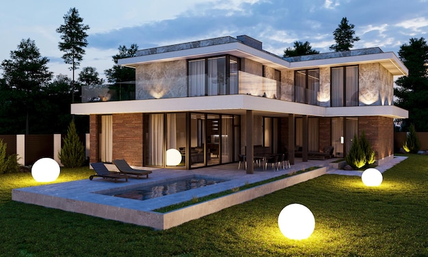 Moderne woning met terras en zwembad. 3D visualisatie. Huis in moderne stijl. Unieke architectuur