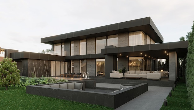 Moderne woning met zwembad. 3D-visualisatie