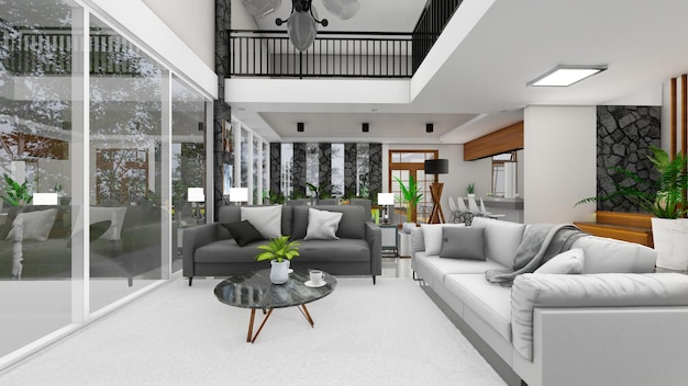 Moderne woon- en eetkamer in minimalistische stijl met bankstel en zwarte stenen muur 3D-rendering
